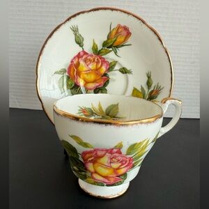 VTG Paragon Bone China Teacup + Saucer “Peace Rose” Design w/Pink + Yellow Roses